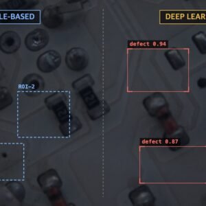 PCB 검사 화면 예시 — 좌측 룰베이스 고정 ROI, 우측 딥러닝 검출 박스