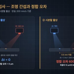 2D·3D 융합 검사 도식 — 파장 분리 동시 촬상은 정합 오차 0, 시분할 촬상은 반송 200 mm/s에서 600 μm 오차