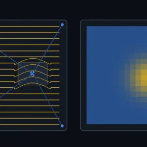 3D 구조광 무아레 검사 개념도: PCB 표면에 투영된 그레이팅 패턴이 높이 차이에 따라 휘어지는 모습과 이를 블루-골드 높이 맵으로 재구성한 도식 (자체 제작 개념도)
