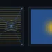 3D 구조광 무아레 검사 개념도: PCB 표면에 투영된 그레이팅 패턴이 높이 차이에 따라 휘어지는 모습과 이를 블루-골드 높이 맵으로 재구성한 도식 (자체 제작 개념도)