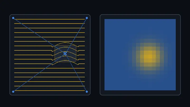 3D 구조광 무아레 검사 개념도: PCB 표면에 투영된 그레이팅 패턴이 높이 차이에 따라 휘어지는 모습과 이를 블루-골드 높이 맵으로 재구성한 도식 (자체 제작 개념도)