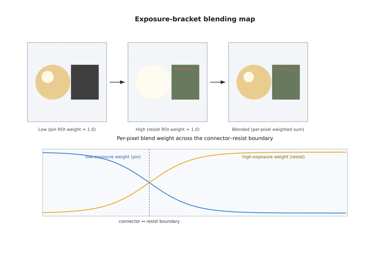 Conceptual diagram showing low- and high-exposure frames composited via a blending map to produce an HDR image without ghost artifacts
