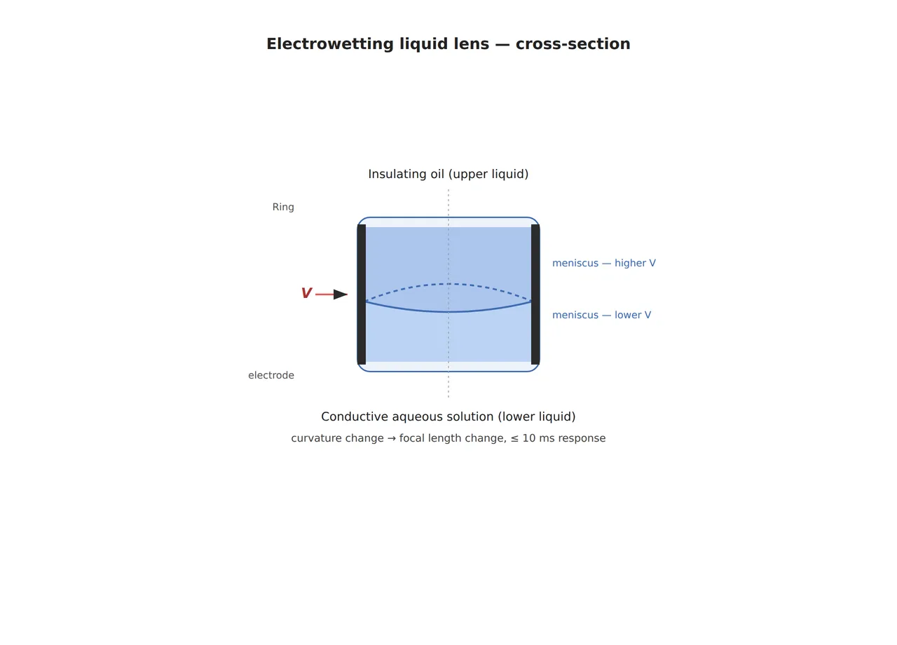 Cross-sectional concept diagram of an electrowetting liquid lens - structure where the curvature of the liquid interface shifts with applied voltage, moving the focal point