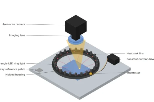 저각 LED 링 조명과 방열판, 서미스터, 정전류 드라이버, FOV 모서리의 회색 기준 패치로 광출력 열화를 감시하는 검사 셋업 개념도