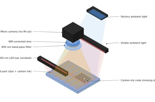 850 nm LED 바 두 개와 밴드패스 필터, IR 차단 필터 없는 모노 카메라로 컬러 인쇄 사출품의 카본 잉크 코드를 촬영하며 공장 주변광을 차단하는 NIR 검사 셋업