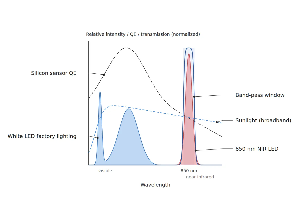 Spectral comparison of white LED factory lighting, sunlight, an 850 nm NIR LED, the band-pass filter window and silicon sensor quantum efficiency