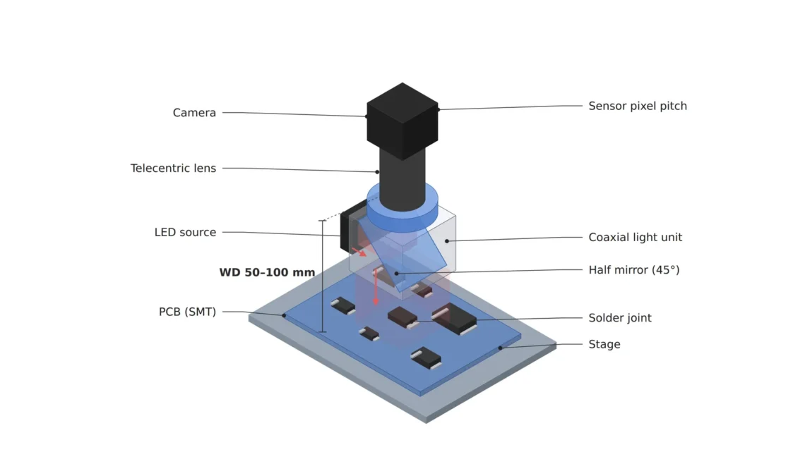 카메라, 텔레센트릭 렌즈, 45° 하프미러와 측면 LED를 갖춘 동축 조명 유닛 아래 PCB SMT 기판과 솔더 조인트를 두고 WD 50~100 mm를 표시한 등각 검사 셋업 개념도