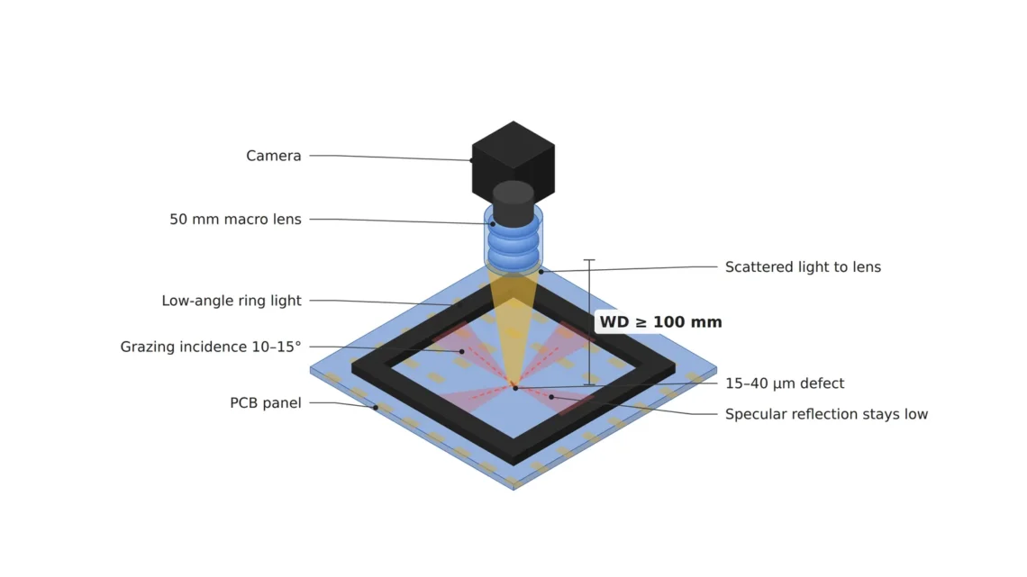 PCB 패널 위 입사각 10~15° 저각 링 조명과 50 mm 매크로 렌즈, WD 100 mm 이상을 확보한 카메라로 15~40 μm 결함의 산란광만 렌즈로 받고 정반사는 낮게 빠져나가는 등각 셋업 개념도