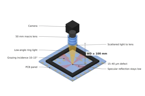 PCB 패널 위 입사각 10~15° 저각 링 조명과 50 mm 매크로 렌즈, WD 100 mm 이상을 확보한 카메라로 15~40 μm 결함의 산란광만 렌즈로 받고 정반사는 낮게 빠져나가는 등각 셋업 개념도