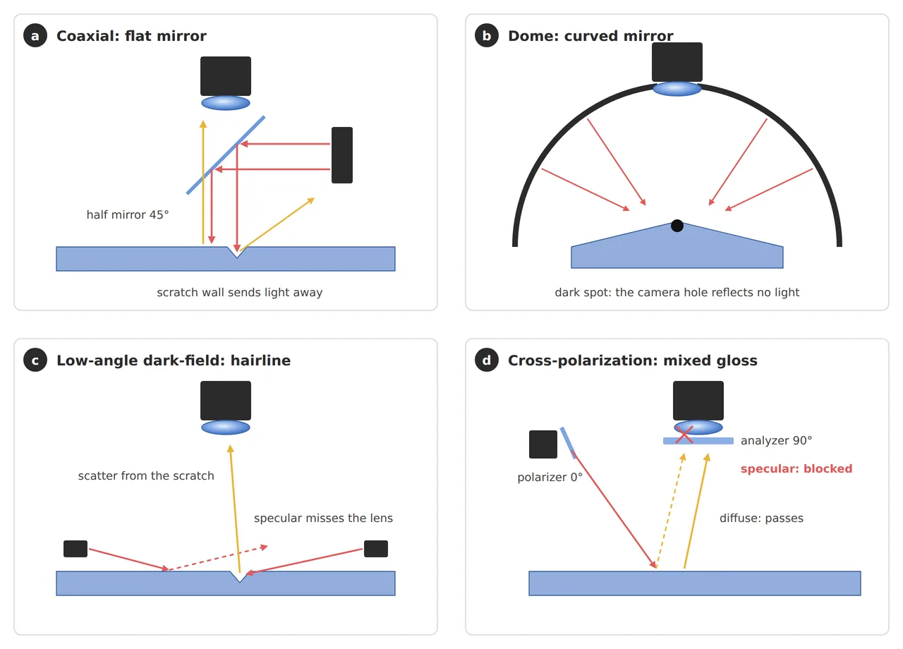 Four side-view ray diagrams comparing the coaxial half-mirror path, the dome center dark spot, low-angle dark-field scatter and cross-polarization blocking specular while passing diffuse light