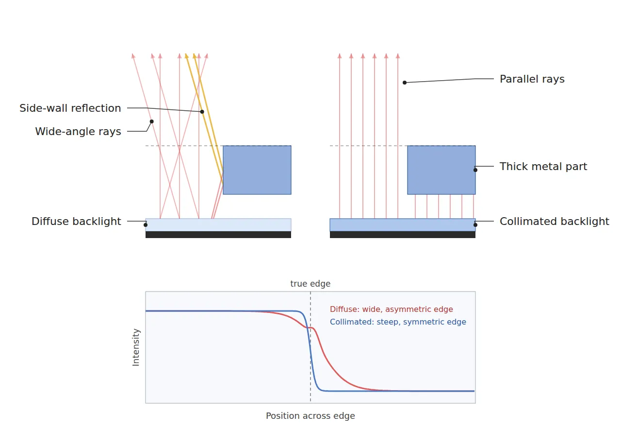 Comparison showing tilted rays from a diffuse backlight reflecting off the side wall of a thick part and widening the edge profile, while a collimated backlight gives a steep symmetric edge profile