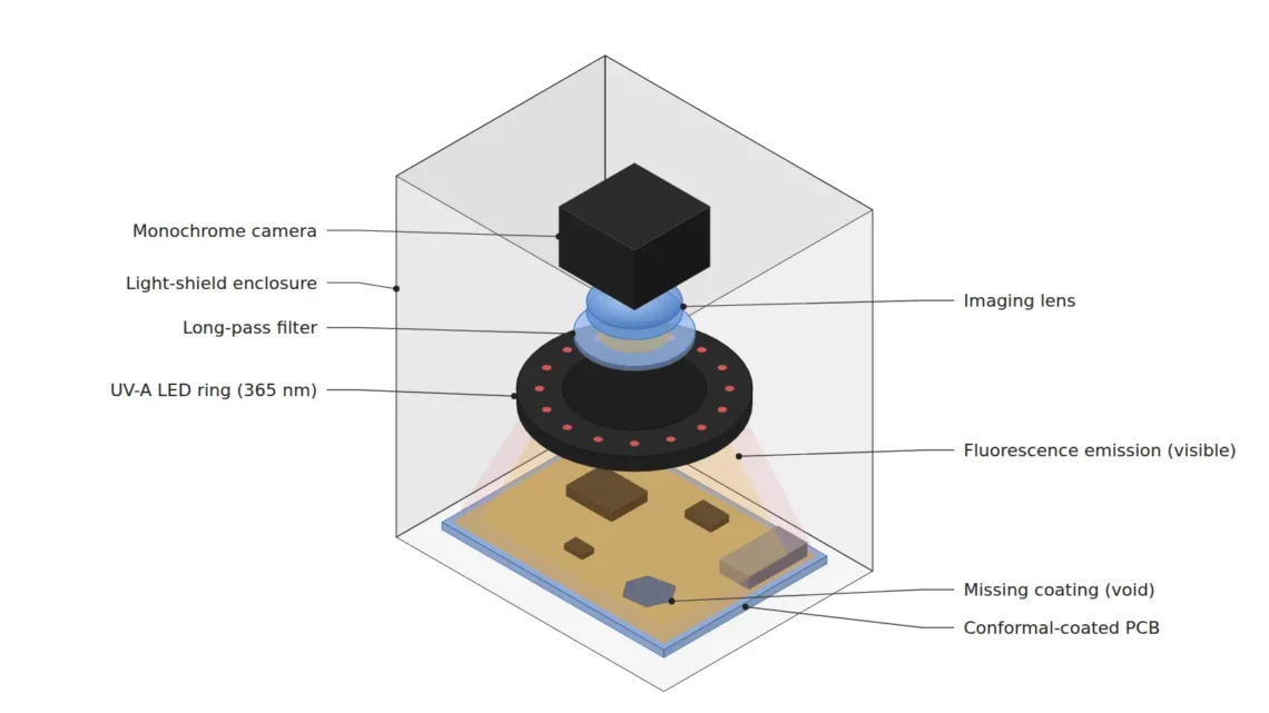 UV-A 365 nm LED 링 조명, 롱패스 필터, 모노 카메라와 차광 커버로 PCB 컨포멀 코팅의 형광 방출과 도포 누락 영역을 촬영하는 UV 형광 검사 셋업