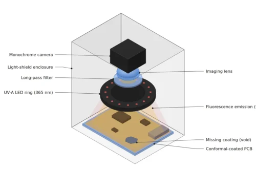 UV-A 365 nm LED 링 조명, 롱패스 필터, 모노 카메라와 차광 커버로 PCB 컨포멀 코팅의 형광 방출과 도포 누락 영역을 촬영하는 UV 형광 검사 셋업