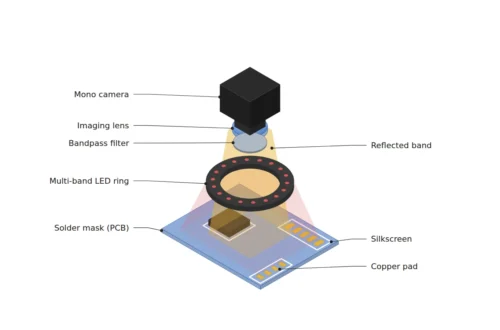 다채널 LED 링 조명과 밴드패스 필터를 단 모노 카메라가 PCB의 솔더마스크, 실크 인쇄, 구리 패드를 파장 선택 조명으로 촬영하는 셋업